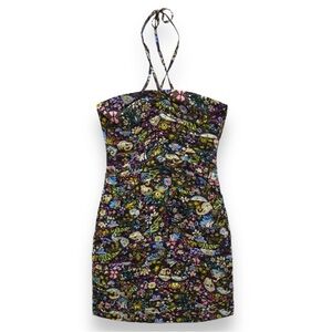 Zara Dress Mini Floral Strapless Bodycon Black Pink Blue Tiered Print Size XS‎